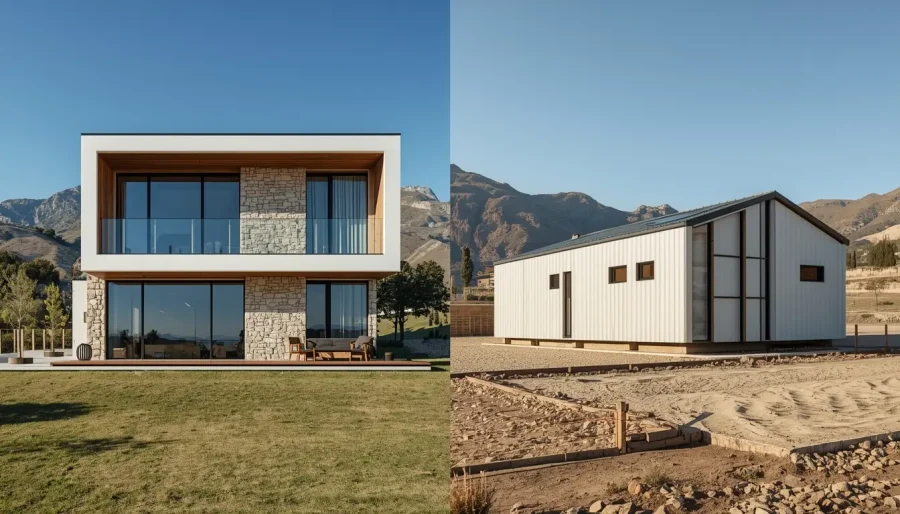 Exterior de vivienda modular con diseño contemporáneo que ilustra diferencia entre modular y prefabricado