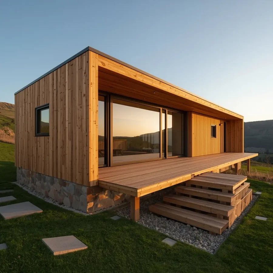 Vivienda modular de madera con acabado natural y diseño sostenible
